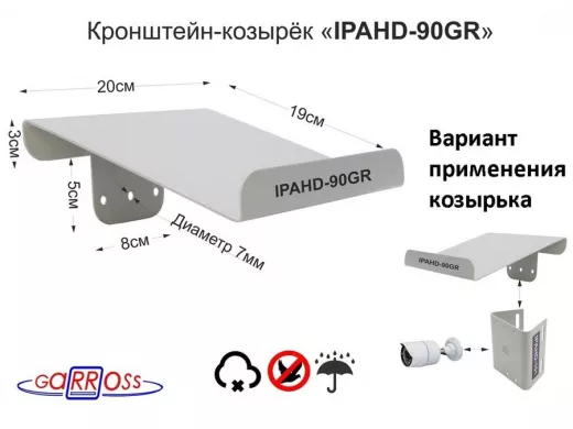 Козырёк для камер видеонаблюдения "IPAHD-90GR-122423" серый для кронштейнов IPAHD, сталь 2мм,19х20см