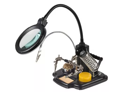 Держатель "PLK-15093" "третья рука" с лупой х3, подставка паяльника, LED подсветка, стенд для припоя