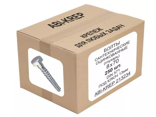 Болты сантехнические оцинкованные  8х 70 DIN 571 (250шт) "ABI-KREP 213234" 5,41кг, Глухарь, 21,64гр