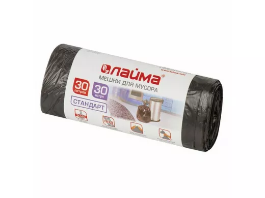 Мешки для мусора  30литров, черные, в рулоне 30шт, ПНД, 8мкм, 50х60см(+5%), стандарт "BR-78283"