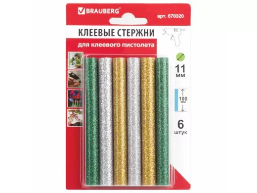 Клеевые стержни, диаметр 11,0мм, длина 100мм, цветные (ассорти),С БЛЕСТКАМИ,КОМПЛЕКТ 6 шт."BR-79854"