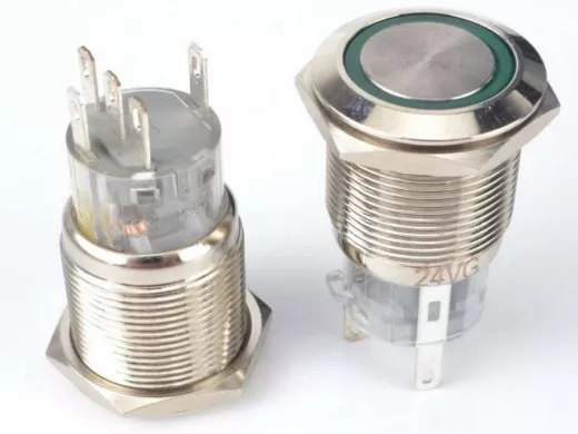 Кнопка без фиксации, металл 19мм., подсветка 12В.